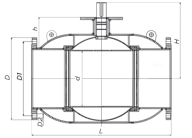 Эскиз размеров крана шарового Also КШ.Ф.Р.125.25-01 Ду125 Ру25 стандартнопроходной, фланцевый