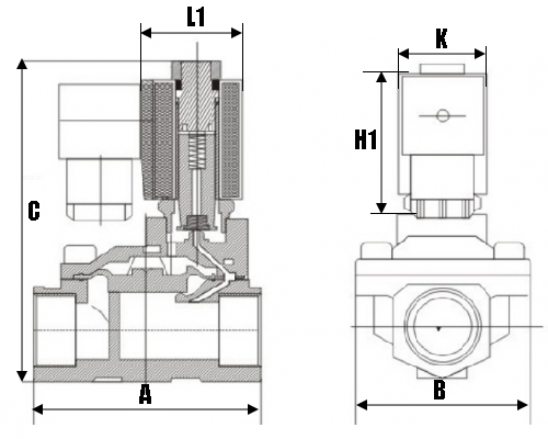 Клапан электромагнитный соленоидный двухходовой DN.ru-DHD31 пилотного действия (НЗ) Ду32-32 (1 1/4 дюйм) Ру16, резьба G, корпус - латунь, уплотнение - NBR, с катушкой 0543 24В