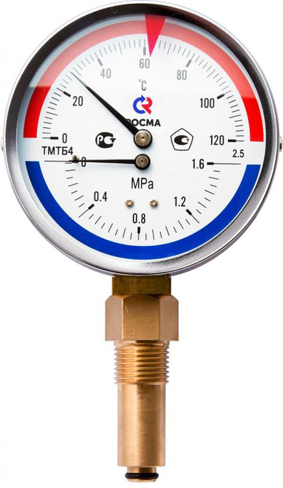 Термоманометр Росма ТМТБ-31Р.2 (0-120С) (0-1,6MПa) G1/2 2,5, корпус 80мм, тип - ТМТБ-31Р.2, длина клапана 64мм, до 120°С, радиальное присоединение, 0-1,6MПa, резьба  G1/2, класс точности 2.5
