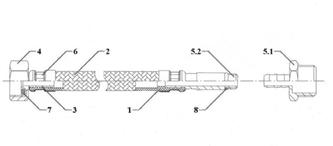 Гибкая подводка для воды AQUALINE Ру10 со стальной накидной гайкой 1/2″ и латунным штуцером с резьбой 1/2″, корпус - нержавеющая оплетка, длина - 1.5м, гайка-штуцер, резьба внутренняя-наружная