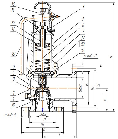 Клапан предохранительный Арма-Пром 17с28нж Ду80x100 Ру16 полноподъемный пружинный угловой, корпус - сталь, тип присоединения - фланцевое, с настройкой диапазона давления 6 Мпа