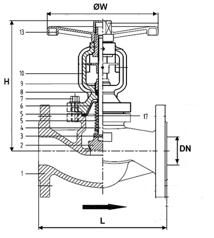 Клапан запорный сильфонный АСТА В333 Ду125 Ру40, стальной, фланцевый, уплотнение - METAL-METAL, Tмакс=400°С