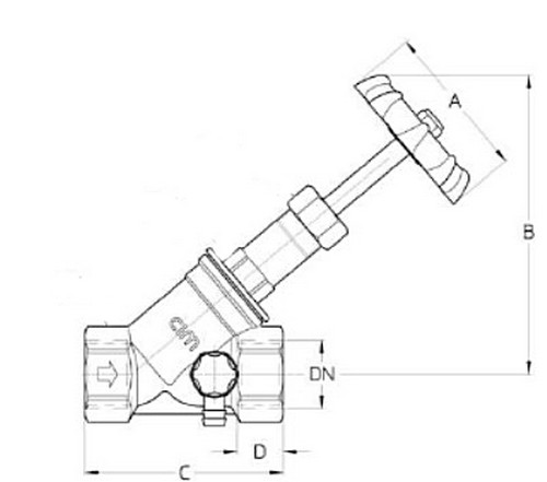 Клапан запорный Cimberio 74CRNL 2″Ду20 Ру50 внутренняя резьба, с наклонным штоком со сливным краном, корпус - латунь CR