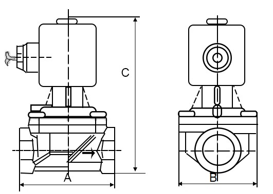 Клапан электромагнитный соленоидный двухходовой DN.ru-VS2W-701 P-Z-NC Ду15 (1/2 дюйм) Ру10 с нулевым перепадом давления, нормально закрытый, корпус - сталь 304, уплотнение - PTFE, резьба G, с катушкой YS-018 24В