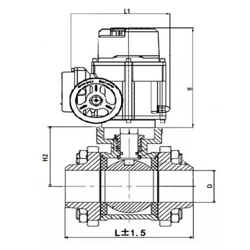 Кран шаровой DN.ru КШПП 316.200-ISO Ду65 Ру63 SS316 полнопроходной под приварку, корпус - нержавеющая сталь с 1/4-оборотным электроприводом DN.ru QT-W (M)-005 220В