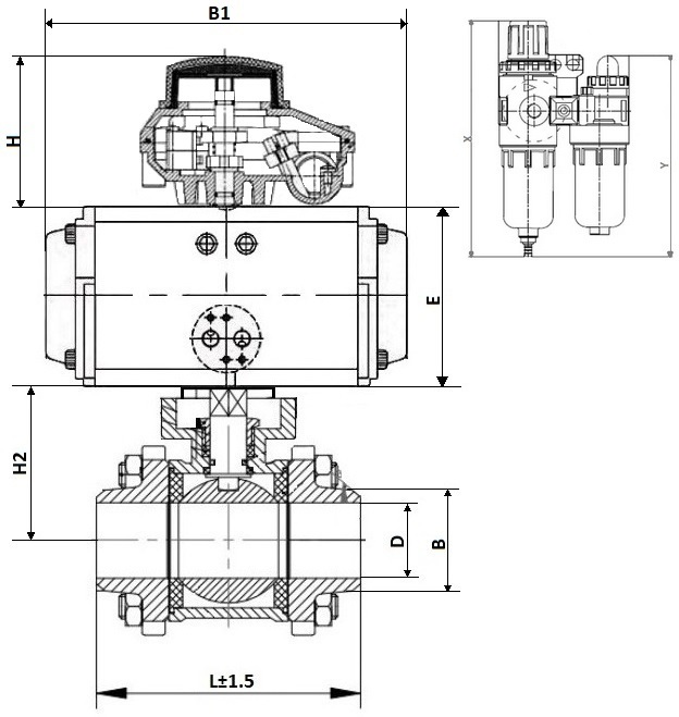 Кран шаровой DN.ru КШПП 316.200-ISO Ду50 Ру63 полнопроходной, нержавеющая сталь SS316, под приварку, с пневмоприводом DN.ru DA-065, пневмораспределителем 4V320-08 AC220V, БКВ APL-210N и БПВ AFC2000