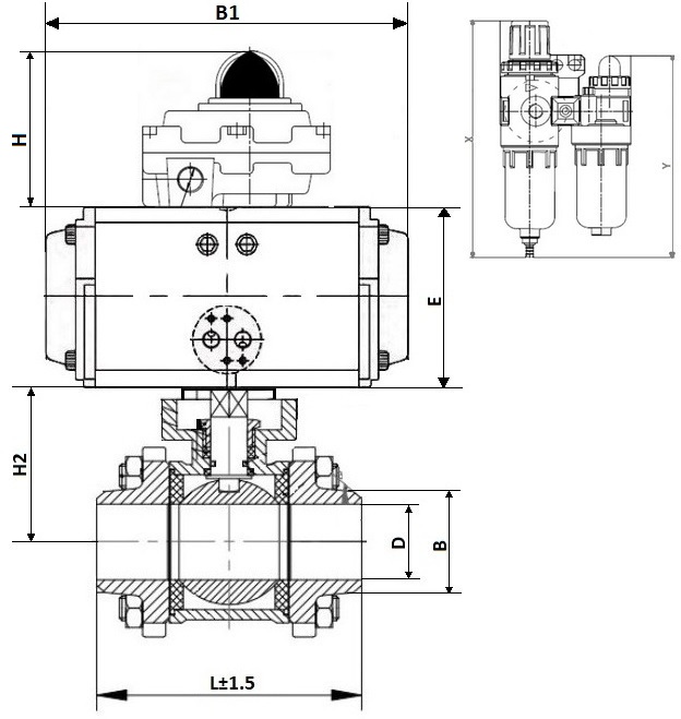 Кран шаровой DN.ru КШПП 316.200-ISO Ду20 Ру63 полнопроходной, нержавеющая сталь SS316, под приварку, с пневмоприводом DN.ru SA-052, пневмораспределителем 4V320-08 AC220V, БКВ APL-410N EX и БПВ AFC2000