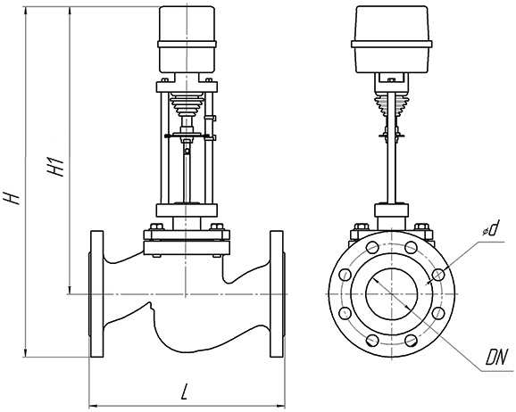 Клапан регулирующий двухходовой DN.ru 25ч945п Ду80 Ру16 Kvs63, серый чугун СЧ20, фланцевый, Tmax до 150°С с электроприводом Катрабел TW-500-XD24