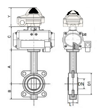 Затвор дисковый поворотный DN.ru GGG50-GGG40-EPDM Ду150 Ру16, межфланцевый, корпус - чугун, диск - чугун, уплотнение - EPDM, с пневмоприводом PA-DA-105-1, пневмораспределителем 4M310-08 24V, БКВ APL-210N и воздушным фильтром AFC2000