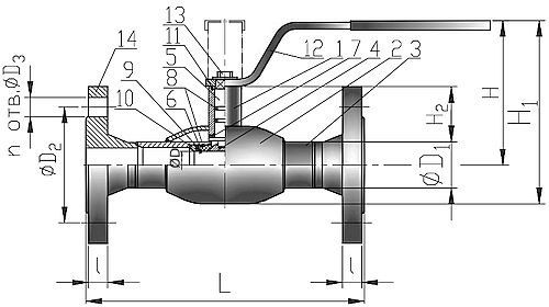 Кран шаровой КВО-АРМ серия 11 Ду350 Ру40 фланцевый цельносварной, стандартный проход, управление ручка-рычаг, корпус – углеродистая сталь
