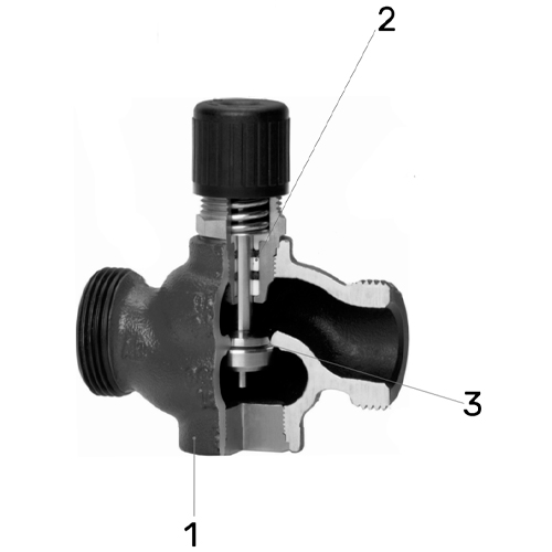 Клапан регулирующий трехходовой LDM RV111R 331-T 1/2″ Ду15 Ру16, резьбовой, корпус – серый чугун EN-JL 1030, Tmax до 150°С, Kvs=0.16 м3/ч