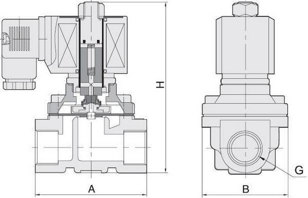 Эскиз Клапан электромагнитный Smart SM-5563 G 1 1/4″ Ду32 Ру10 резьбовой, прямого действия, нормально закрытый, стальной, уплотнение FKM, DC 24V