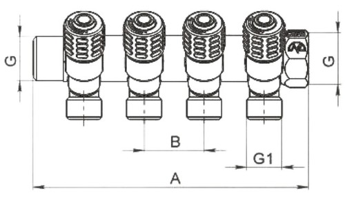 Коллектор Пензапромарматура 1″ Ду25 Ру10 4 отвода 1/2″ Ду15 ВР/НР, с регулирующими клапанами