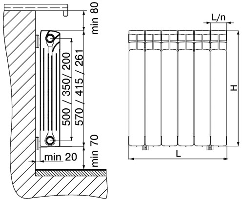 Радиатор биметаллический RIFAR Base Ventil 500 6 секций, нижнее левое подключение