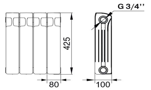Радиатор биметаллический RIFAR Monolit VENTIL 350х12 секций, мощность 1656 Вт, подключение резьбовое - 3/4″, нижнее правое, цвет - белый