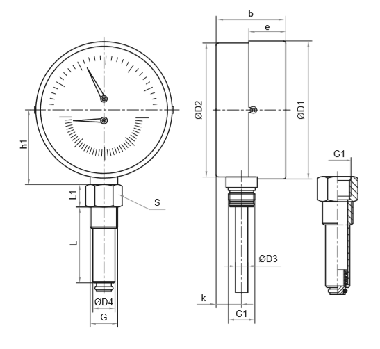 Термоманометр Росма ТМТБ-41Р.1 (0-120С) (0-0,4MПa) G1/2 2,5, корпус 100мм, тип - ТМТБ-41Р.1, длина клапана 46мм,  до 120°С, радиальное присоединение, 0-0,4MПa, резьба G1/2, класс точности 2.5