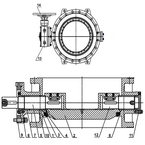 Затвор дисковый поворотный Tecofi TECWAT VP 4248-08 Ду500 Ру16 фланцевый с двойным эксцентриситетом, корпус - чугун, диск - чугун, уплотнение - EPDM, с редуктором